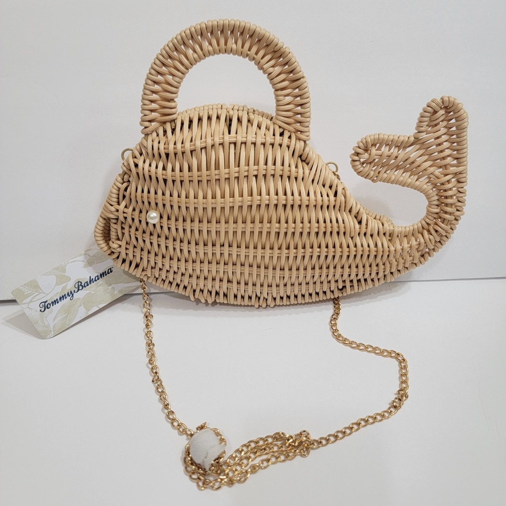 Tommy Bahama Whale Natural‎ Woven Crossbody Bag Gold Chain Coastal Nautical NEW